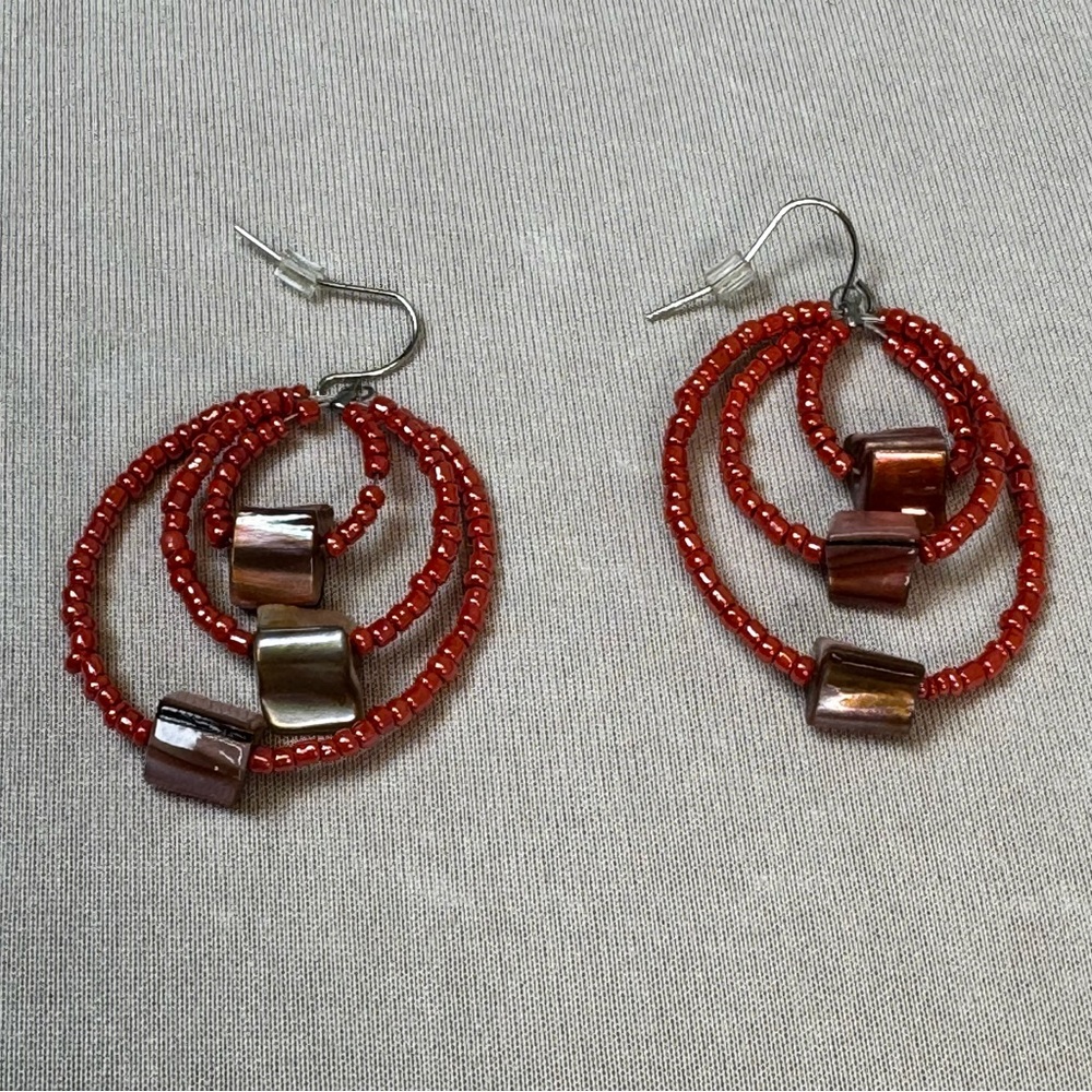 Red Seed Bead Hoop Earrings with Iridescent Cube Accents